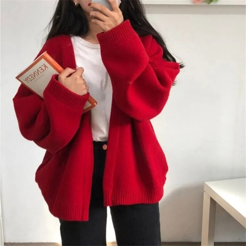 Sieviešu korejiešu stila rudens jaciņš, dzeltens, vienkrāsains trikotāžas džemperis, vienkāršs, populārs, elegants ikdienišķs Ulzzang brīvs studentu virsdrēbes