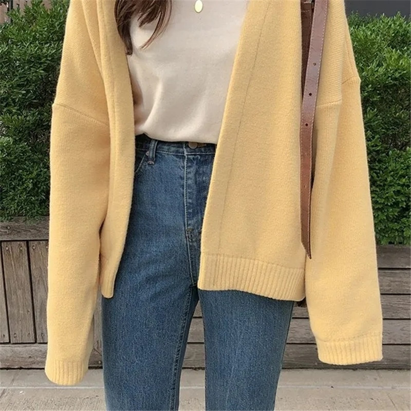 Sieviešu korejiešu stila rudens jaciņš, dzeltens, vienkrāsains trikotāžas džemperis, vienkāršs, populārs, elegants ikdienišķs Ulzzang brīvs studentu virsdrēbes