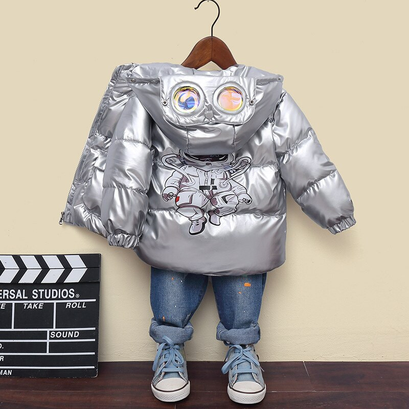 Bērnu dūnu jaka rudens un ziemas sabiezināta zēnu meiteņu jaka Balta pīļu dūnu 3D Astronaut Print Bērnu silts mētelis ar kapuci