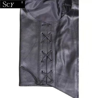Мъжка странична дантелена дънкова жилетка с байкърски кожени жилетки с джобове за пистолети