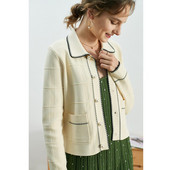 Novi dolazak IOO 2022. Ženski kardigan s kontrastnim obrubom s bisernim gumbima i ovratnikom Uredska marka Sandro Besplatna dostava