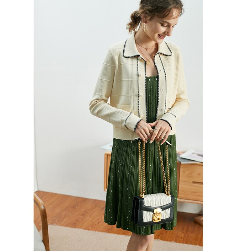 Novi dolazak IOO 2022. Ženski kardigan s kontrastnim obrubom s bisernim gumbima i ovratnikom Uredska marka Sandro Besplatna dostava