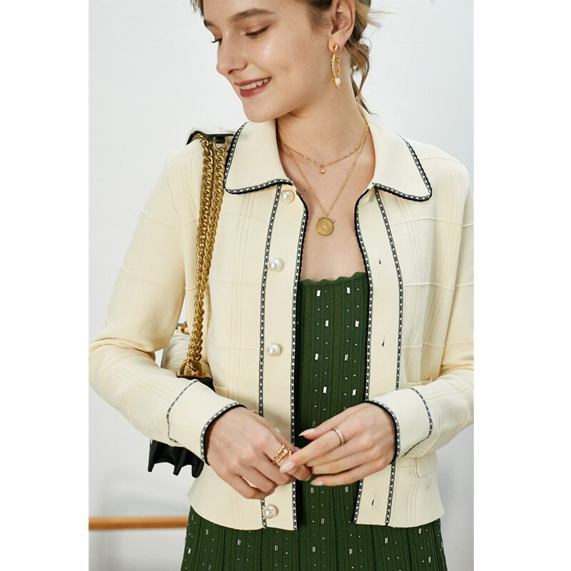 Novi dolazak IOO 2022. Ženski kardigan s kontrastnim obrubom s bisernim gumbima i ovratnikom Uredska marka Sandro Besplatna dostava