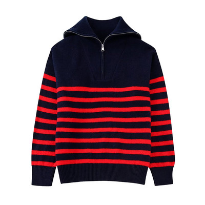 Γυναικεία 2022 Νέα μόδα Μαλλί με μισό φερμουάρ ριγέ πλεκτό πουλόβερ Vintage μακρυμάνικο γυναικεία πουλόβερ Κομψά μπλουζάκια