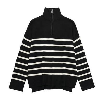 Γυναικεία 2022 Νέα μόδα Μαλλί με μισό φερμουάρ ριγέ πλεκτό πουλόβερ Vintage μακρυμάνικο γυναικεία πουλόβερ Κομψά μπλουζάκια