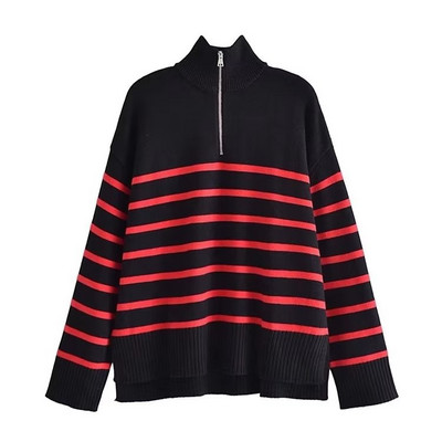 Γυναικεία 2022 Νέα μόδα Μαλλί με μισό φερμουάρ ριγέ πλεκτό πουλόβερ Vintage μακρυμάνικο γυναικεία πουλόβερ Κομψά μπλουζάκια