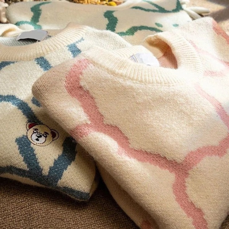 Χαριτωμένο και γλυκό ροζ πουλόβερ με μοτίβο αρκούδας για φθινόπωρο και χειμώνα 2021 νέο γυναικείο πουλόβερ με στρογγυλή λαιμόκοψη ιαπωνικού κολεγιακού στυλ