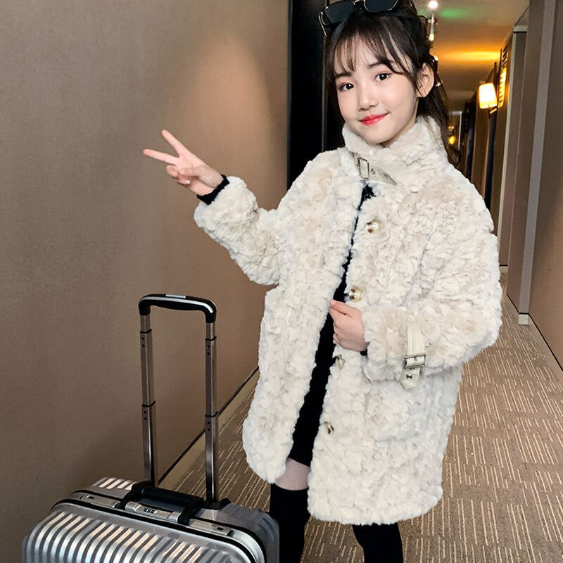 Βρεφικό χειμωνιάτικο μπουφάν Faux Fur Thick Toddler Teen Ζεστό μάλλινο γούνινο παλτό μακρύ μαργαριτάρι Βρεφικά ρούχα υψηλής ποιότητας Κοριτσίστικα ρούχα 3-18 ετών