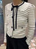 Ženski pulover 2022., rano proljeće, nova bijela prugasta leptir-kravata, pleteni kratki kardigan s Peter Pan ovratnikom