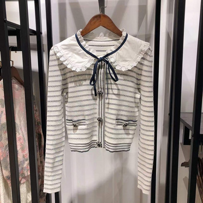 Ženski pulover 2022., rano proljeće, nova bijela prugasta leptir-kravata, pleteni kratki kardigan s Peter Pan ovratnikom