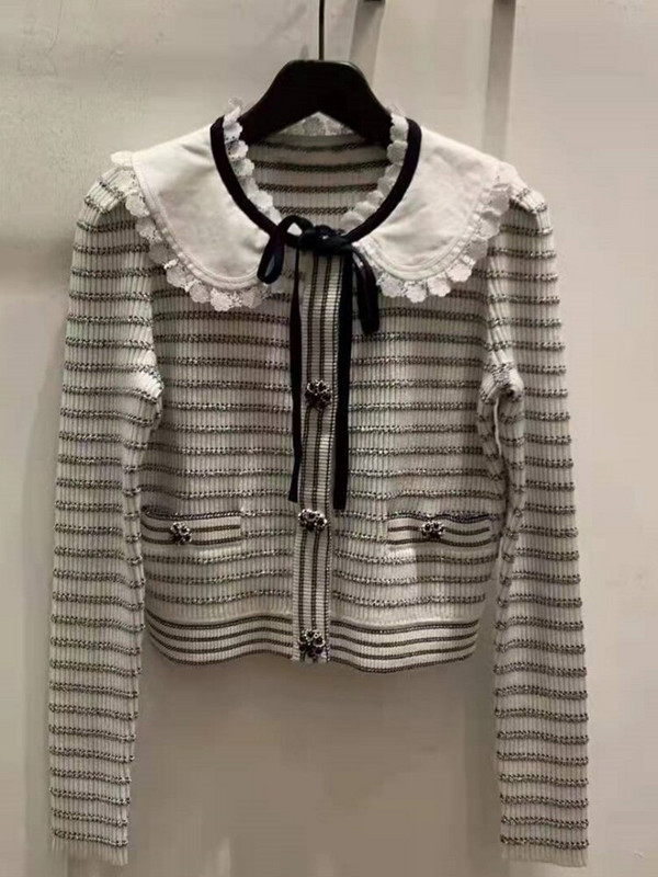 Ženski pulover 2022., rano proljeće, nova bijela prugasta leptir-kravata, pleteni kratki kardigan s Peter Pan ovratnikom