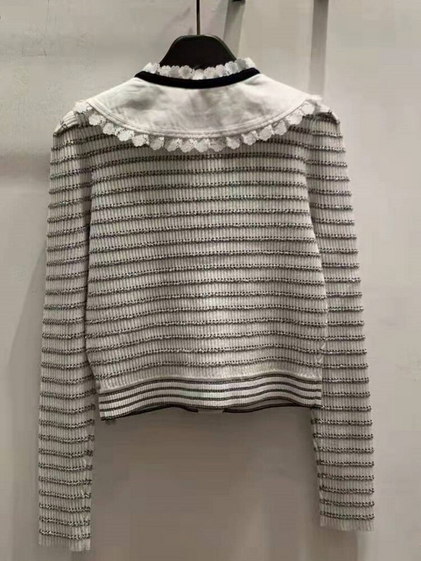 Ženski pulover 2022., rano proljeće, nova bijela prugasta leptir-kravata, pleteni kratki kardigan s Peter Pan ovratnikom