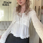 PixieKiki Y2k Fairy White, tamborēts, trikotāžas džemperis Crop Tops Redzēt cauri jaciņai Vintage apģērbi ar garām piedurknēm P84-DZ18