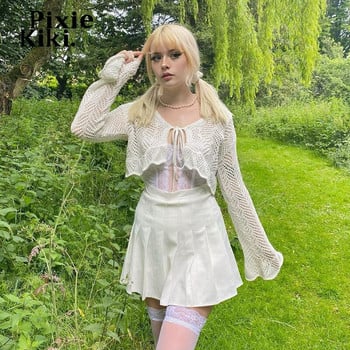 Πλεκτό πουλόβερ PixieKiki Y2k Fairy White Crochet Crop Top See Through Cardigan Vintage Ρούχα Μακρυμάνικα μπλουζάκια P84-DZ18