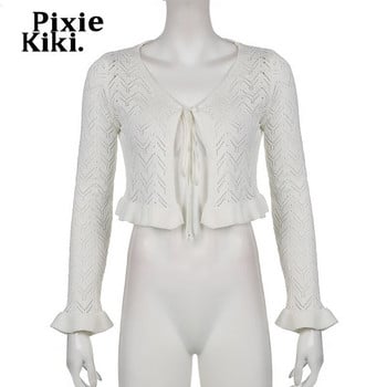 Πλεκτό πουλόβερ PixieKiki Y2k Fairy White Crochet Crop Top See Through Cardigan Vintage Ρούχα Μακρυμάνικα μπλουζάκια P84-DZ18