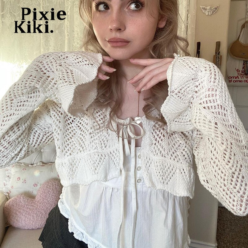 PixieKiki Y2k Fairy White, tamborēts, trikotāžas džemperis Crop Tops Redzēt cauri jaciņai Vintage apģērbi ar garām piedurknēm P84-DZ18