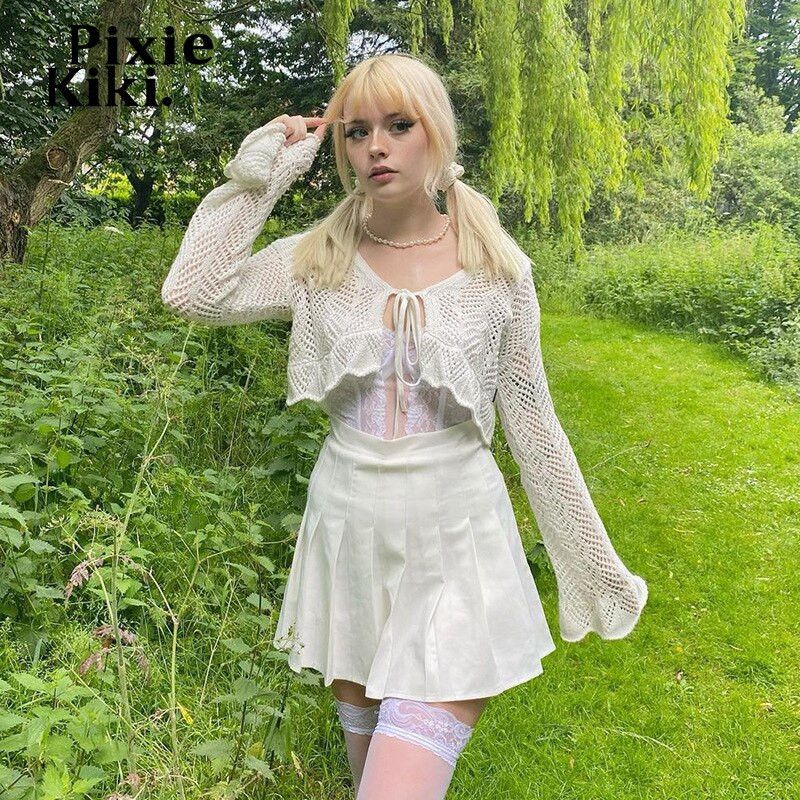 PixieKiki Y2k Fairy White, tamborēts, trikotāžas džemperis Crop Tops Redzēt cauri jaciņai Vintage apģērbi ar garām piedurknēm P84-DZ18