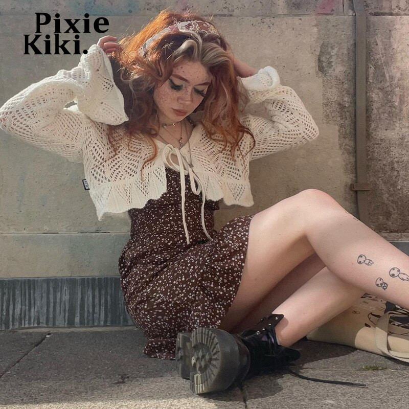 PixieKiki Y2k Fairy White, tamborēts, trikotāžas džemperis Crop Tops Redzēt cauri jaciņai Vintage apģērbi ar garām piedurknēm P84-DZ18