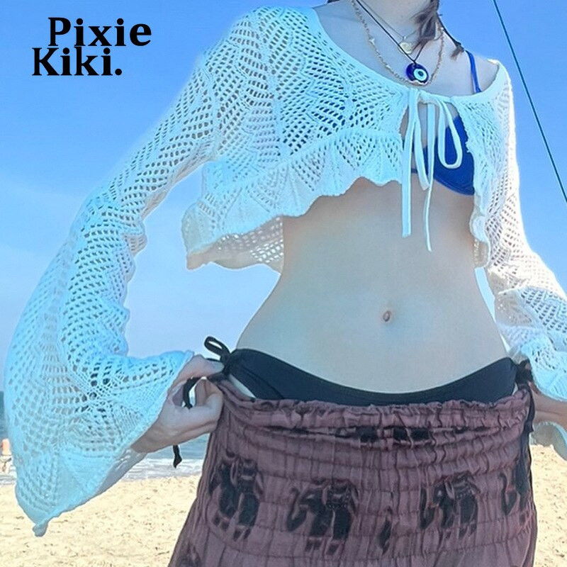 PixieKiki Y2k Fairy White, tamborēts, trikotāžas džemperis Crop Tops Redzēt cauri jaciņai Vintage apģērbi ar garām piedurknēm P84-DZ18