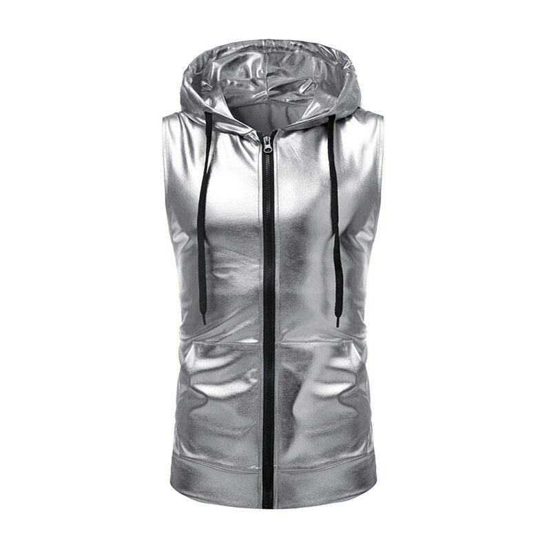 Ανδρικό γυαλιστερό ασημί χρυσό μεταλλικό νυχτερινό κέντρο πάρτι με φερμουάρ Αμάνικο μπουφάν με κουκούλα Ζακέτα με φερμουάρ Casual γιλέκο Παλτό Μπλουζ μπλουζ