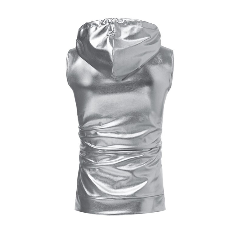 Ανδρικό γυαλιστερό ασημί χρυσό μεταλλικό νυχτερινό κέντρο πάρτι με φερμουάρ Αμάνικο μπουφάν με κουκούλα Ζακέτα με φερμουάρ Casual γιλέκο Παλτό Μπλουζ μπλουζ