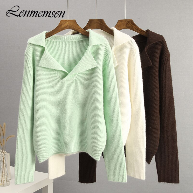 Lenmemsen Υπερμεγέθη Χαλαρά Κομψά Πλεκτά Γυναικεία Πουλόβερ Μασίφ με γυριστό γιακά Γυναικεία Χονδρά φθινοπωρινά χειμωνιάτικα μπλουζάκια
