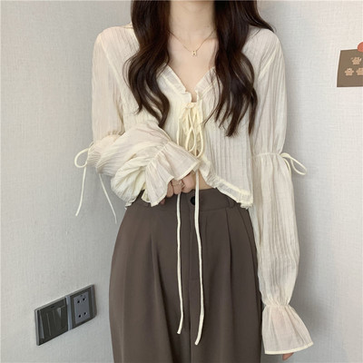 Salda volānveida mežģīņu jaka sievietēm vasaras ar garām piedurknēm sauļošanās jaka sievietei konfektes krāsas šifona topi