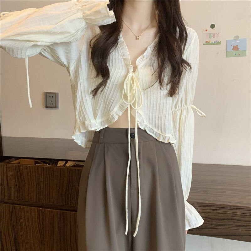 Salda volānveida mežģīņu jaka sievietēm vasaras ar garām piedurknēm sauļošanās jaka sievietei konfektes krāsas šifona topi