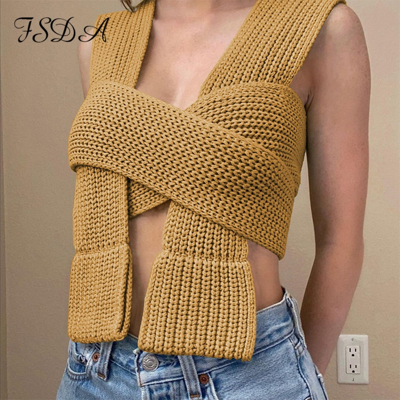 FSDA 2021 bezpiedurkņu trikotāžas džemperis, seksīgs rudens vasaras modes veste, melna, balta džemperis, sieviešu džemperis