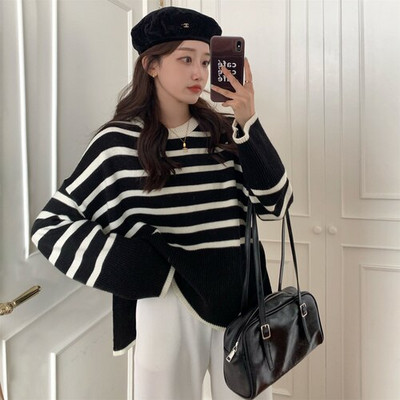 Trikotāža ar svītru pamatni Sieviešu pavasara apģērbs 2022. gada brīvs krekls ar apakšu korejiešu2g Y2g Argyle džemperis