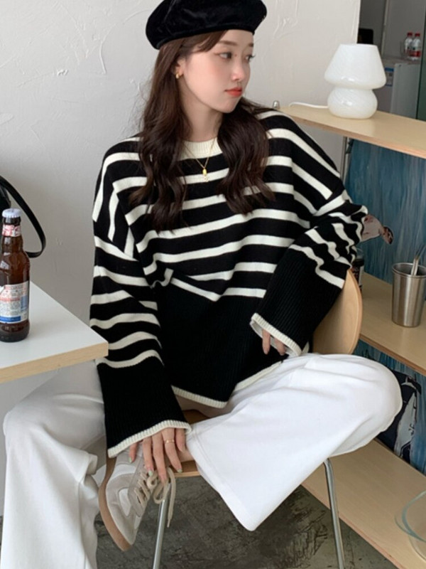 Trikotāža ar svītru pamatni Sieviešu pavasara apģērbs 2022. gada brīvs krekls ar apakšu korejiešu2g Y2g Argyle džemperis