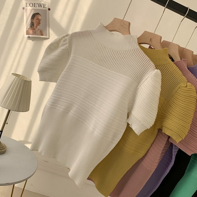 Γυναικεία πουλόβερ Neploe Πλεκτό πουλόβερ με μισό ζιβάγκο Καλοκαιρινό με κοντό μανίκι πουκάμισα με μασίφ πουκάμισα Κορεατικά με κούφια κοφτερά μπλουζάκια Y2K