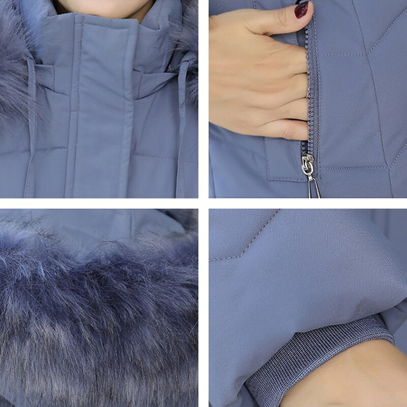 Sieviešu 2021. gada ziemas garais parka plāns, biezs kažokādas apkakles jaka Biroja sieviešu virsdrēbes Abrigo Mujer Invierno