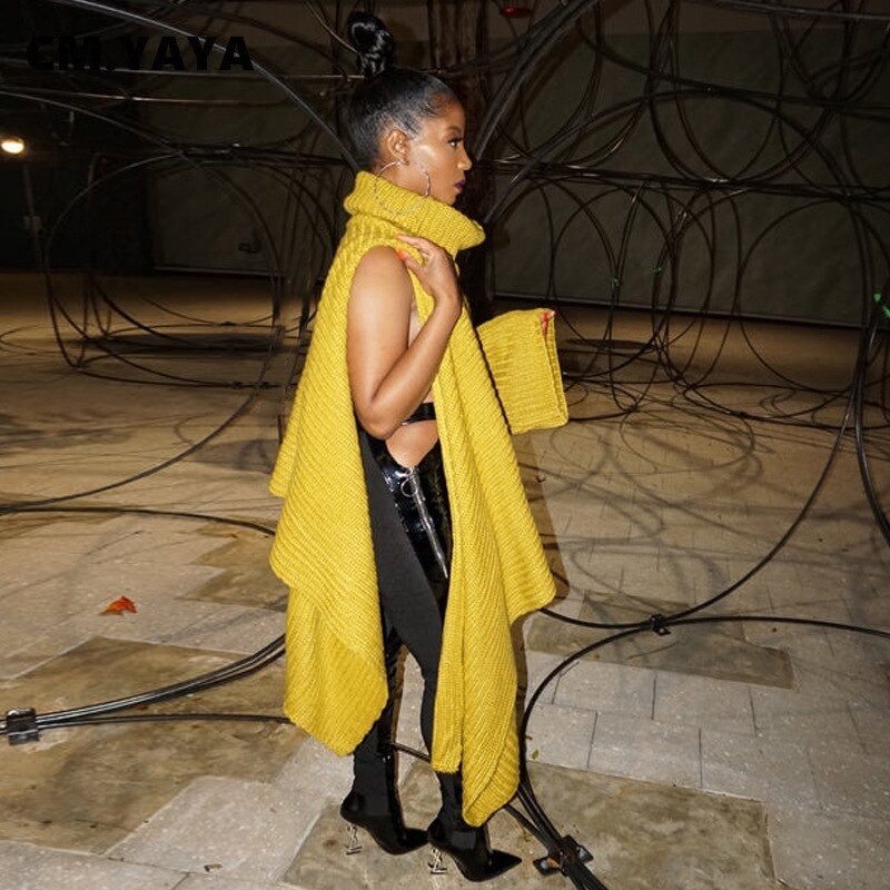 CM.YAYA Κομψά γυναικεία χειμερινά φθινοπωρινά streetwear με ένα μακρυμάνικο ασύμμετρο κίτρινο ζιβάγκο INS Πουλόβερ πουλόβερ πουλόβερ