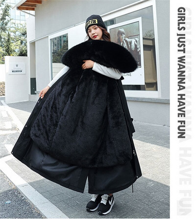 Νέο χειμερινό τζάκετ 2022 Γυναικεία πάρκα Χοντρή, ζεστή φόδρα από γούνα, μακριά γούνα, γυναικεία κουκούλα, φλις επένδυση, αποσπώμενα εξωτερικά ενδύματα 6XL