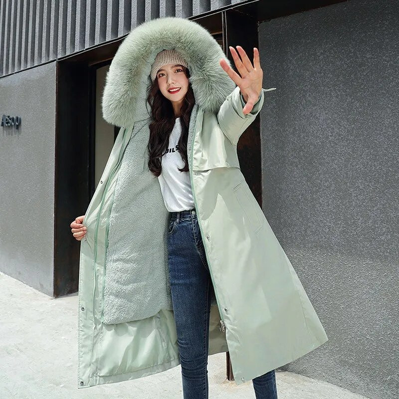 Νέο χειμερινό τζάκετ 2022 Γυναικεία πάρκα Χοντρή, ζεστή φόδρα από γούνα, μακριά γούνα, γυναικεία κουκούλα, φλις επένδυση, αποσπώμενα εξωτερικά ενδύματα 6XL