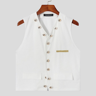 Naktskluba ballīšu stila jauni vīriešu masīvmetāla veste ar pogām, ikdienas vestes ar V veida kakla izgriezumu bez piedurknēm vīriešiem S-5XL INCERUN Topi 2022