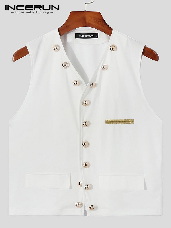 Naktskluba ballīšu stila jauni vīriešu masīvmetāla veste ar pogām, ikdienas vestes ar V veida kakla izgriezumu bez piedurknēm vīriešiem S-5XL INCERUN Topi 2022