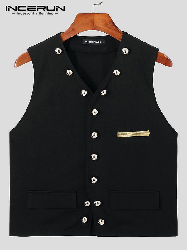 Naktskluba ballīšu stila jauni vīriešu masīvmetāla veste ar pogām, ikdienas vestes ar V veida kakla izgriezumu bez piedurknēm vīriešiem S-5XL INCERUN Topi 2022