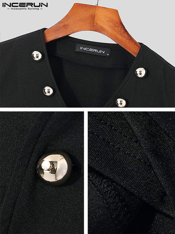 Naktskluba ballīšu stila jauni vīriešu masīvmetāla veste ar pogām, ikdienas vestes ar V veida kakla izgriezumu bez piedurknēm vīriešiem S-5XL INCERUN Topi 2022