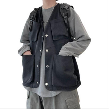 Нова корейска мъжка карго жилетка Мъжка модна жилетка с инструменти Хип-хоп яке без ръкави Свободно ежедневно пролетно яке с много джобове на открито