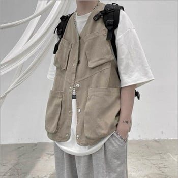 Нова корейска мъжка карго жилетка Мъжка модна жилетка с инструменти Хип-хоп яке без ръкави Свободно ежедневно пролетно яке с много джобове на открито