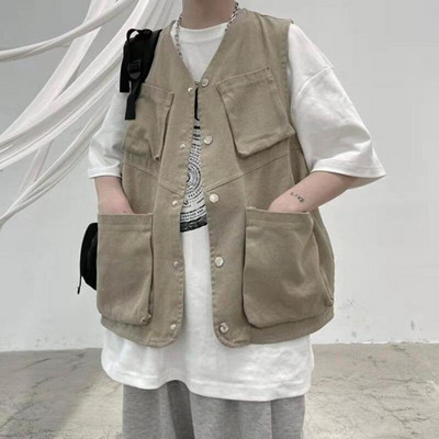 Jauna korejiešu vīriešu kravas veste vīriešu modes instrumentu veste Hip Hop jaka bez piedurknēm, brīva ikdienas pavasara jaka ar vairākām kabatām āra jaka