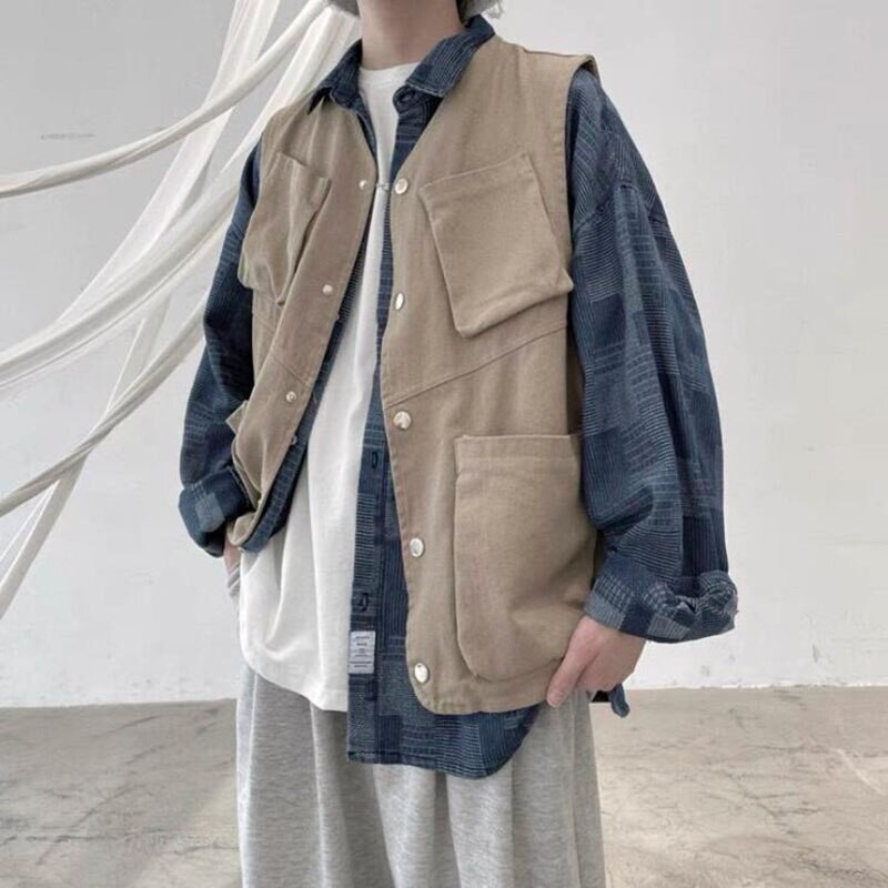 Jauna korejiešu vīriešu kravas veste vīriešu modes instrumentu veste Hip Hop jaka bez piedurknēm, brīva ikdienas pavasara jaka ar vairākām kabatām āra jaka