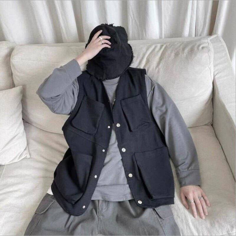 Jauna korejiešu vīriešu kravas veste vīriešu modes instrumentu veste Hip Hop jaka bez piedurknēm, brīva ikdienas pavasara jaka ar vairākām kabatām āra jaka