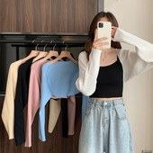 Sieviešu trikotāžas īss šalles jakas vienkrāsains ar garām piedurknēm, brīvi apgriezts trikotāžas augšējais trikotāžas jaka mētelis Y2k korejiešu mētelis ielas apģērbs