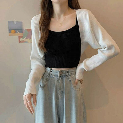 Sieviešu trikotāžas īss šalles jakas vienkrāsains ar garām piedurknēm, brīvi apgriezts trikotāžas augšējais trikotāžas jaka mētelis Y2k korejiešu mētelis ielas apģērbs