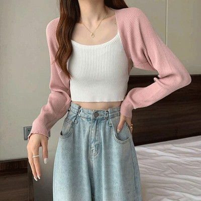 Sieviešu trikotāžas īss šalles jakas vienkrāsains ar garām piedurknēm, brīvi apgriezts trikotāžas augšējais trikotāžas jaka mētelis Y2k korejiešu mētelis ielas apģērbs