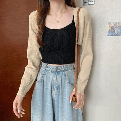 Sieviešu trikotāžas īss šalles jakas vienkrāsains ar garām piedurknēm, brīvi apgriezts trikotāžas augšējais trikotāžas jaka mētelis Y2k korejiešu mētelis ielas apģērbs