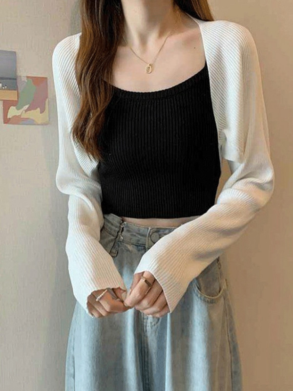 Sieviešu trikotāžas īss šalles jakas vienkrāsains ar garām piedurknēm, brīvi apgriezts trikotāžas augšējais trikotāžas jaka mētelis Y2k korejiešu mētelis ielas apģērbs